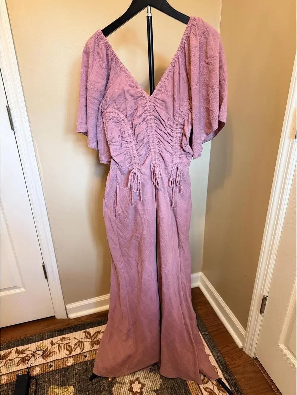 Free People Mauve Gauze Maxi Dress XS Boho Ruched Flutter Sleeve Cottagecore